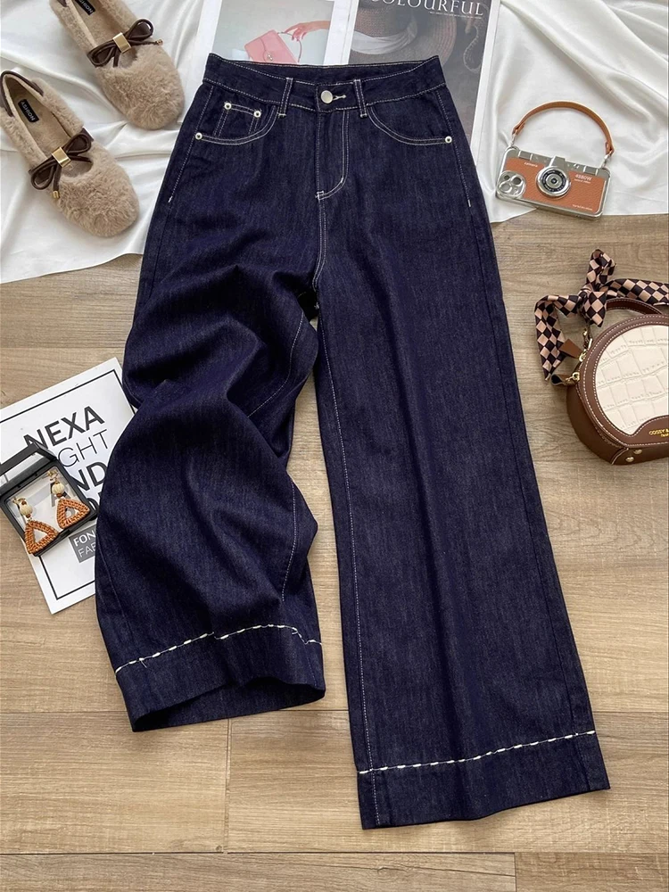 

Джинсовые синие простые широкие джинсы для женщин, осень 2024, новые модные свободные прямые брюки с высокой талией и драпировкой в пол