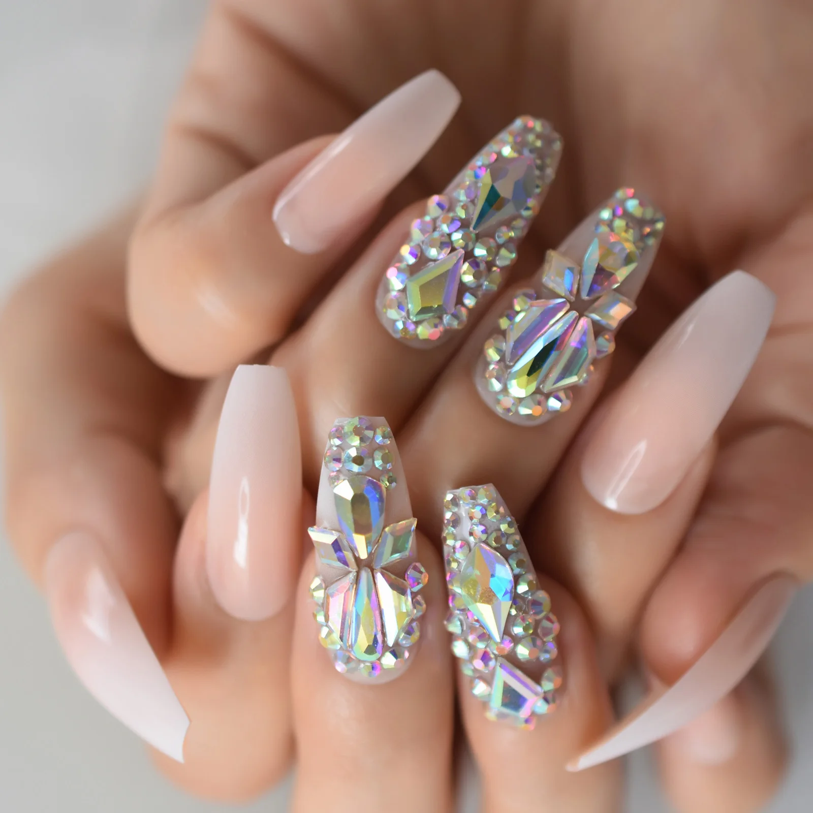 3D 블링 프레스 네일 세트, 긴 발레리나 관 옴브레 인조 온글, 라인석 하이 샤인 젤 네일, 웨딩 휴가 여성용