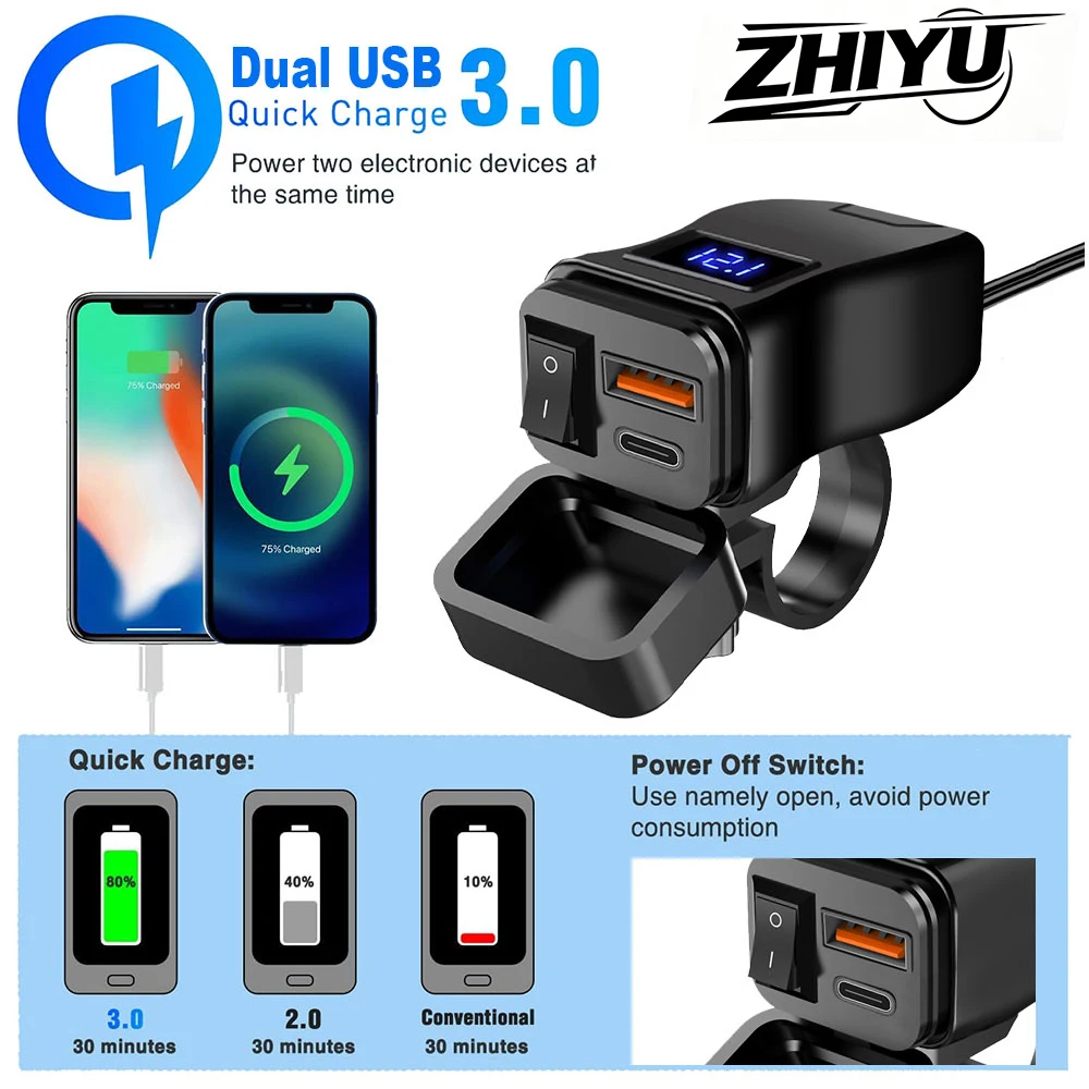 

ZHIYU PD QC3.0 Waterproof Motorcycle Charger Dual USB Fast Charger With Switch Voltmeter Moto Parts