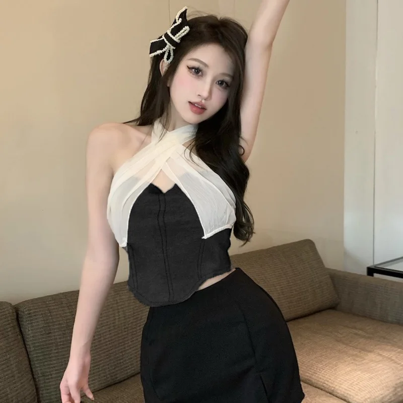 Women's Top Halterneck Vest Off Shoulder Sexy Crossover Design Korean Crop Top Elegant Spicey Girls Spring Summer