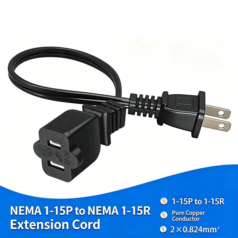 2PCS US NEMA 1‑15P 2‑Pin Power Extension Cord Pure Copper, High‑Power for TV Induction Cooker Household Appliances