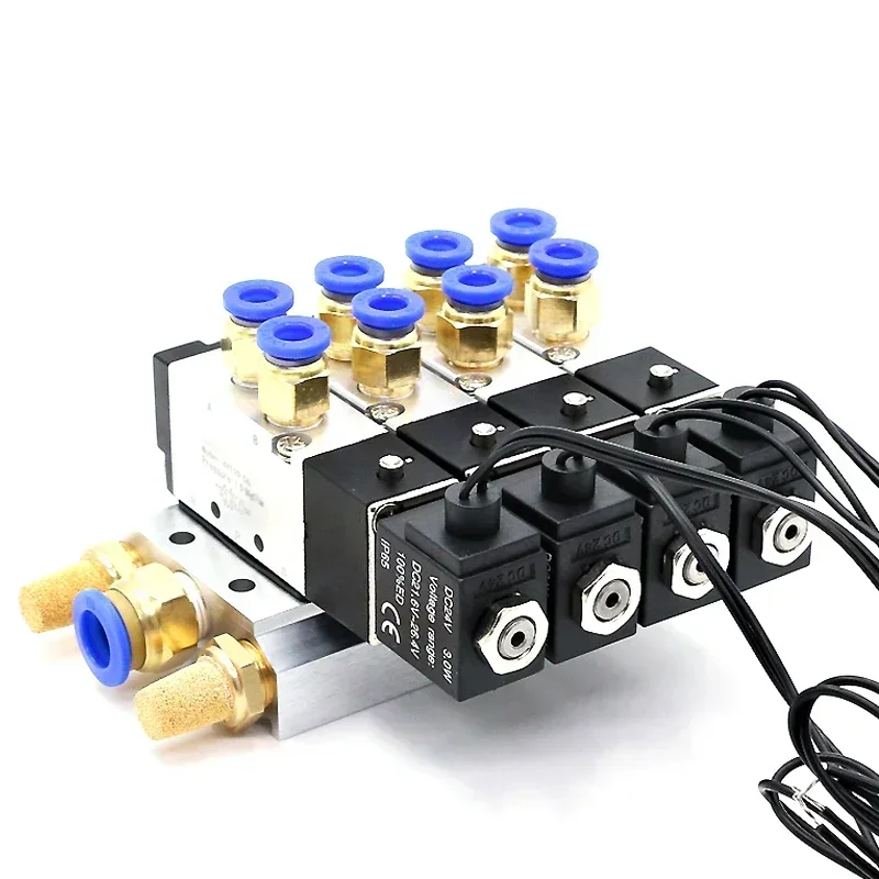 Katup Solenoid kombinasi Multi-way 4V110-06 stasiun Manifold DC12V 24V AC220V dengan fitting 5 port 2 posisi katup Solenoid