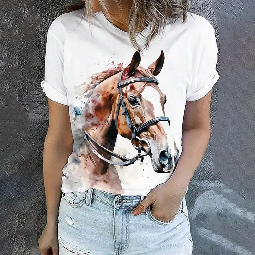 Summer Loose Women's T-shirts Fashion Horse Print Short Sleeves T shirt Pullover Casual Daily Women Clothing Tops Y2K Streetwear