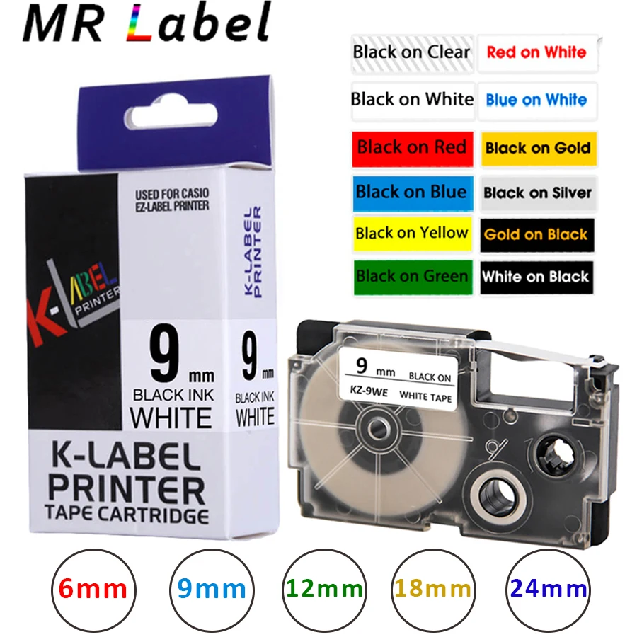 6/9/12/18/24mm XR-9WE Compatible Casio XR-12WE XR12X XR-9X XR-9RD XR-9BU XR-9YW XR-9GN label tape for KL-60 KL-120 KL-820 KL-200