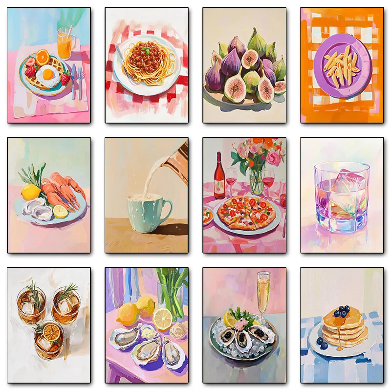 Cuadro de pared con diseño de panqueques de arándanos, desayuno, ostras, mariscos, cocina, huevos y espaguetis, pintura de diamantes para pósteres modernos y decoración del hogar
