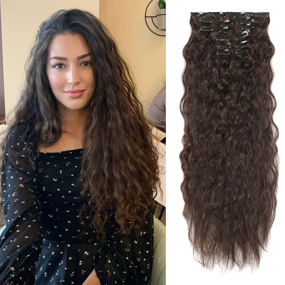 

Синтетические кудрявые накладные пряди на заколках, 6 шт., 16 клипс, натуральные волнистые коричневые пряди, прическа «Корн-волл» для женщин