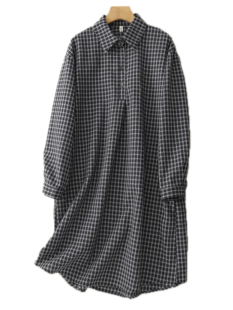 فساتين قميص منقوشة عتيقة من القطن للنساء فستان جديد فضفاض غير رسمي بأكمام طويلة ملابس أنيقة لربيع وخريف 2025