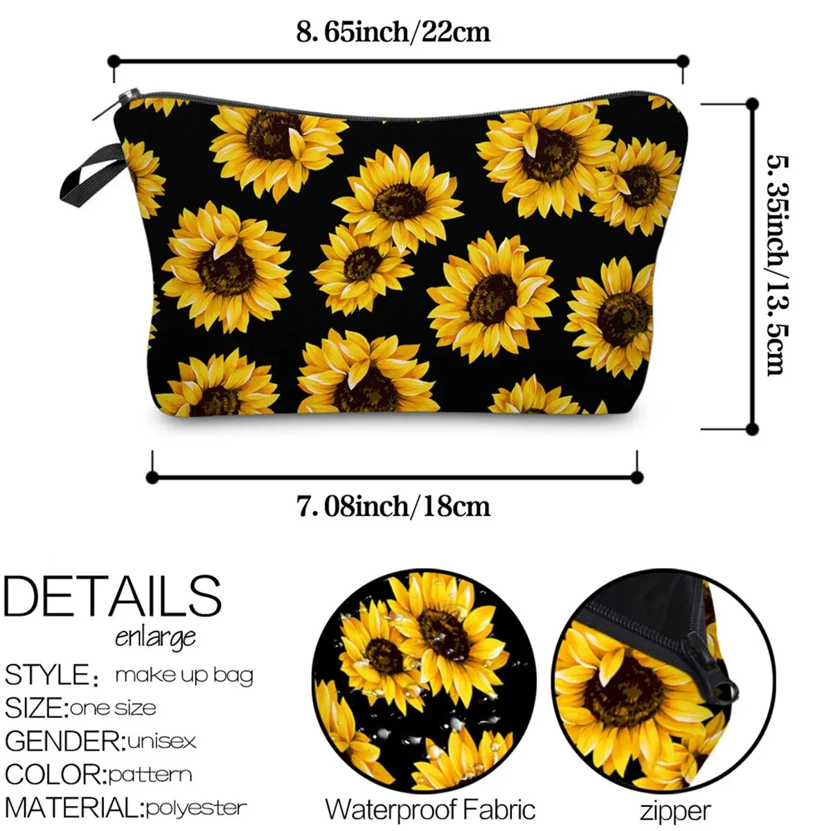 Adorable Sunflower Pattern Cosmetic Bag - Roomy Makeup Bag for Travel and Toiletry Organization - Waterproof and Durable Gift