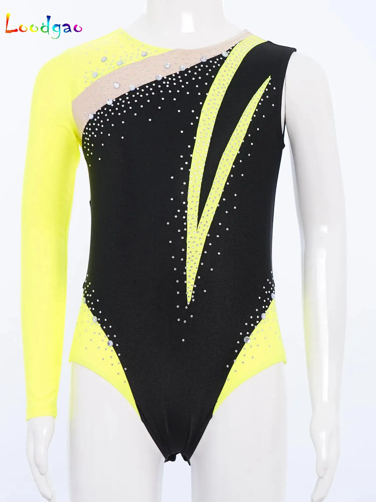 Girls Bodysuit Gymnastics Rhinestone Single Long Sleeve Leotard Dance Ballet Suit Figure Skating Bright Performance Costumes