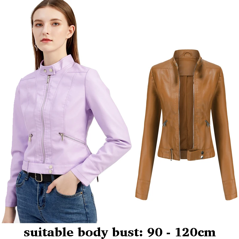 

high quality women short slim leather jacket with belt zipper motorcycle jacket new autumn winter 2025 elegant clothing