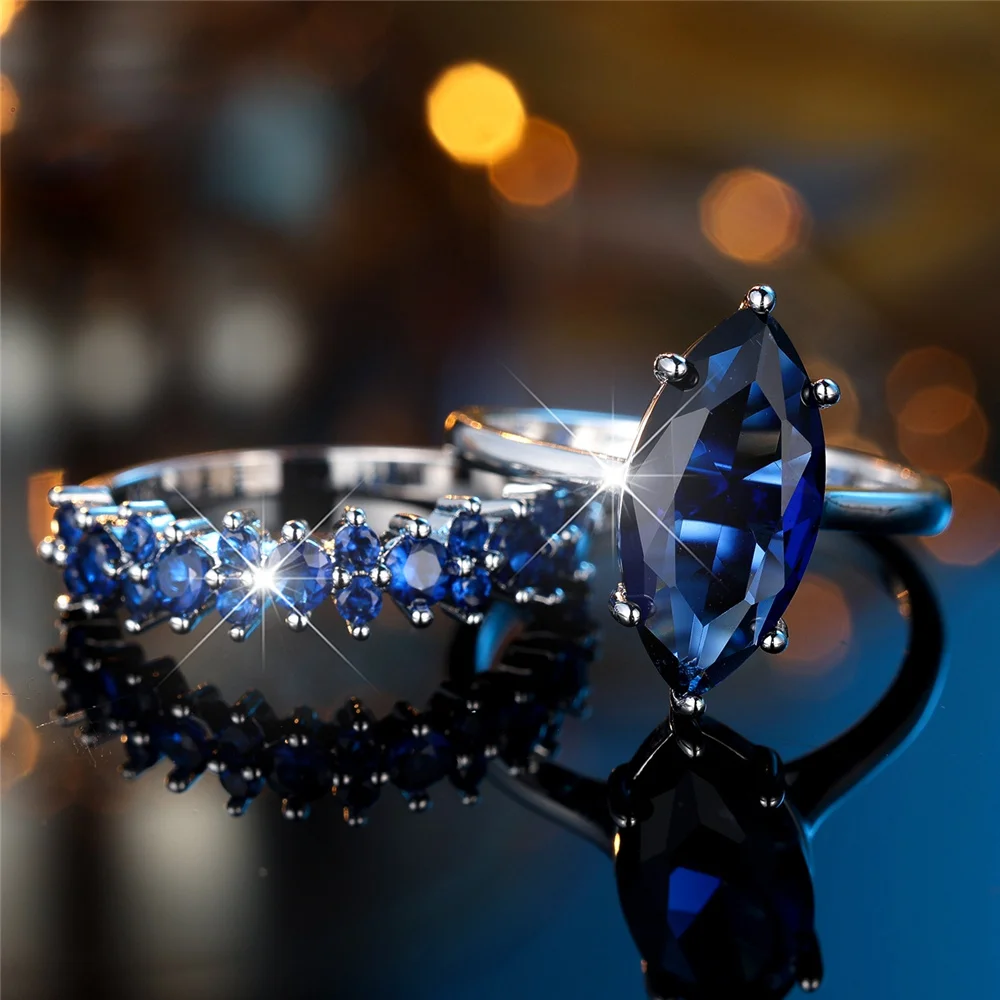 Female Blue Zircon Stone Engagement Ring Sets Vintage Silver Color Bridal Wedding Bands Party Jewelry For Women