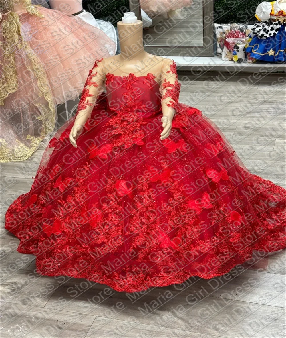 Red Flower Girl Dress Bow Long Sleeve First Production Birthday Wedding Prom Party Custom Kids Clothing Photoshoot