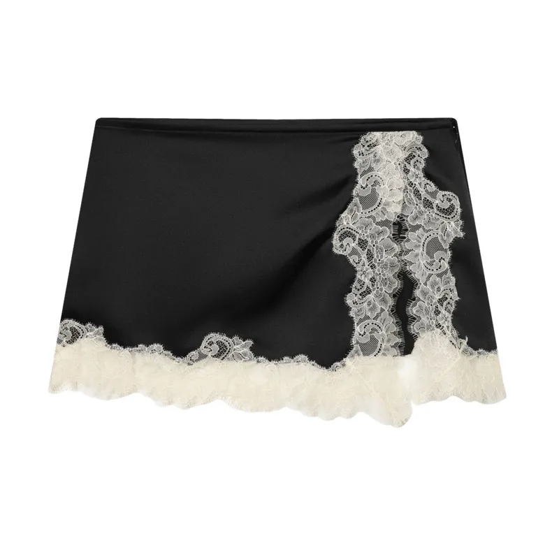 HKSH Women Sexy Mini Skirt Lace Patchwork Satin Color Block A-line Versatile Quirky Cutie Trendy Short Skirts New Summer HK21055
