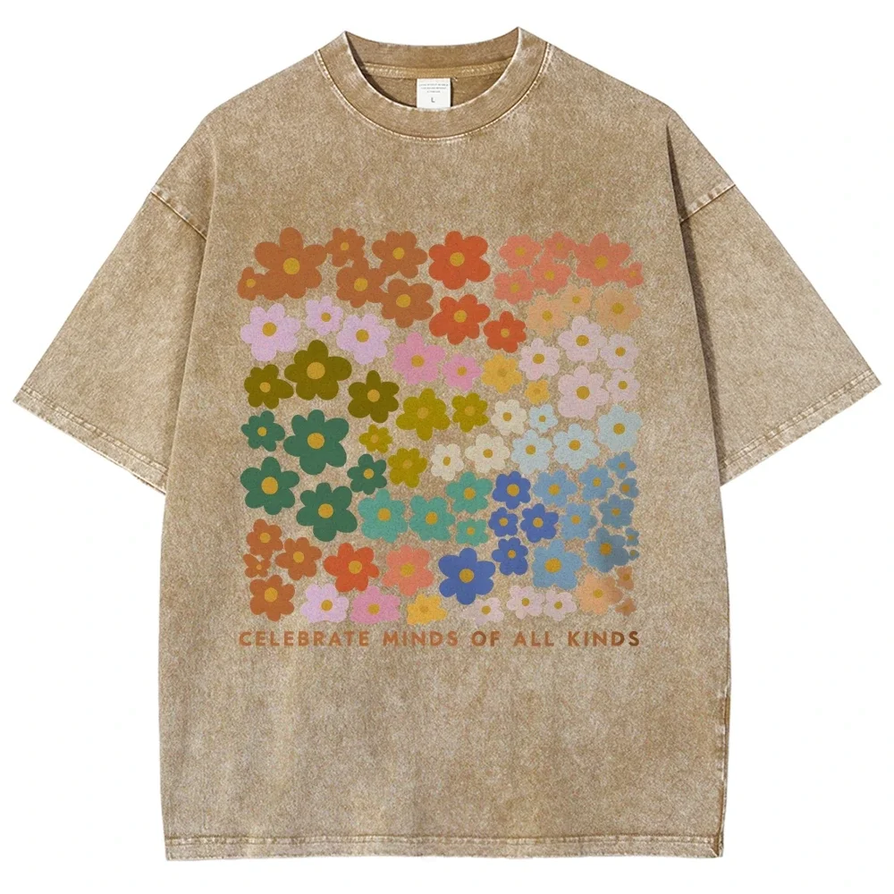 Colorful flower pattern T-shirt retro water wash vintage men's and women's clothing high-quality casual short sleeve