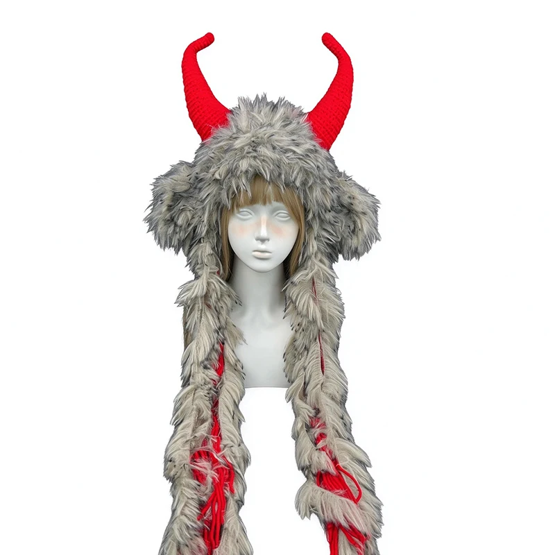 Handmade Red Grey Viking Goat Bull Horn Hat Men Custom Crochet Knit Long Tassel Beanie Women Winter Warm Cosplay Festival Cap