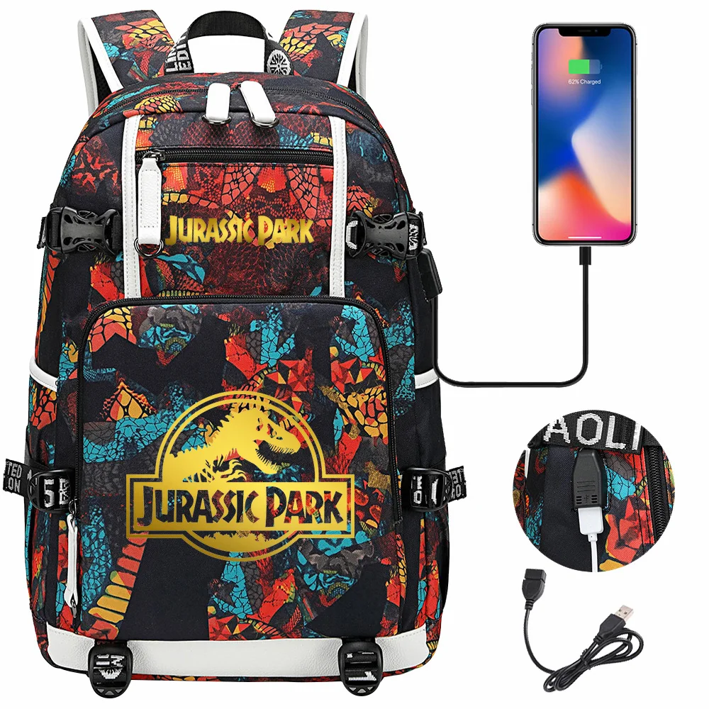 New Gold Jurassic Park Dinosaur USB Boy Girl Kids Book Bags Large Capacity Teenagers Schoolbags Women Men Laptop Travel Backpack