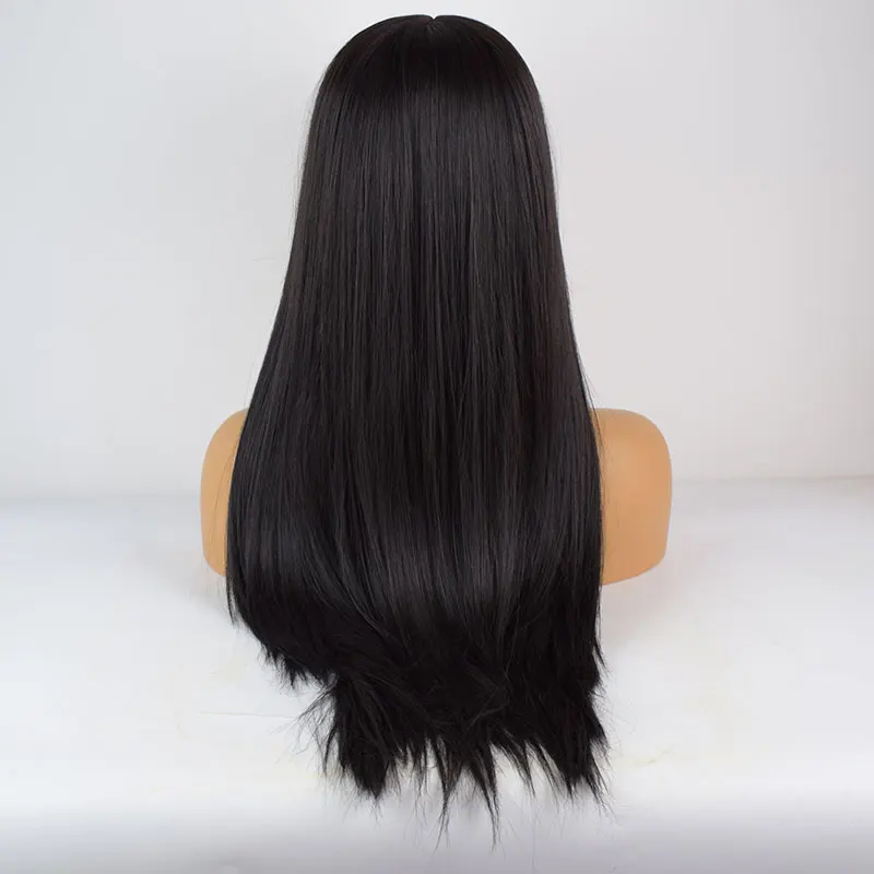 Jet preto cor peruca de cabelo reto sintético 13x4 perucas dianteiras do laço alta qualidade fibra resistente ao calor cabelo meio separação para mulher