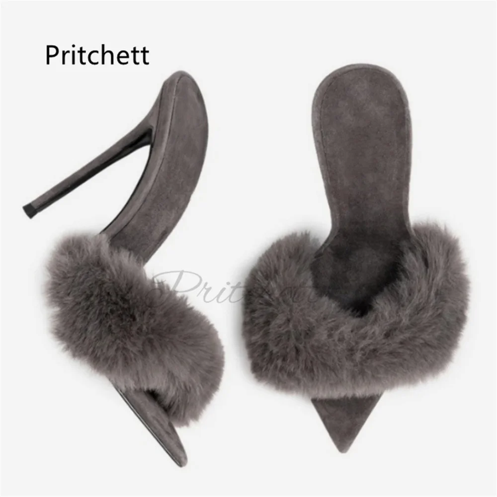 Faux Fur Mules Stilettos Slippers for Women Pointed Toe Fluff Slip-On Thin Heels Sandals Luxury Modern Slippers Summer Shoes