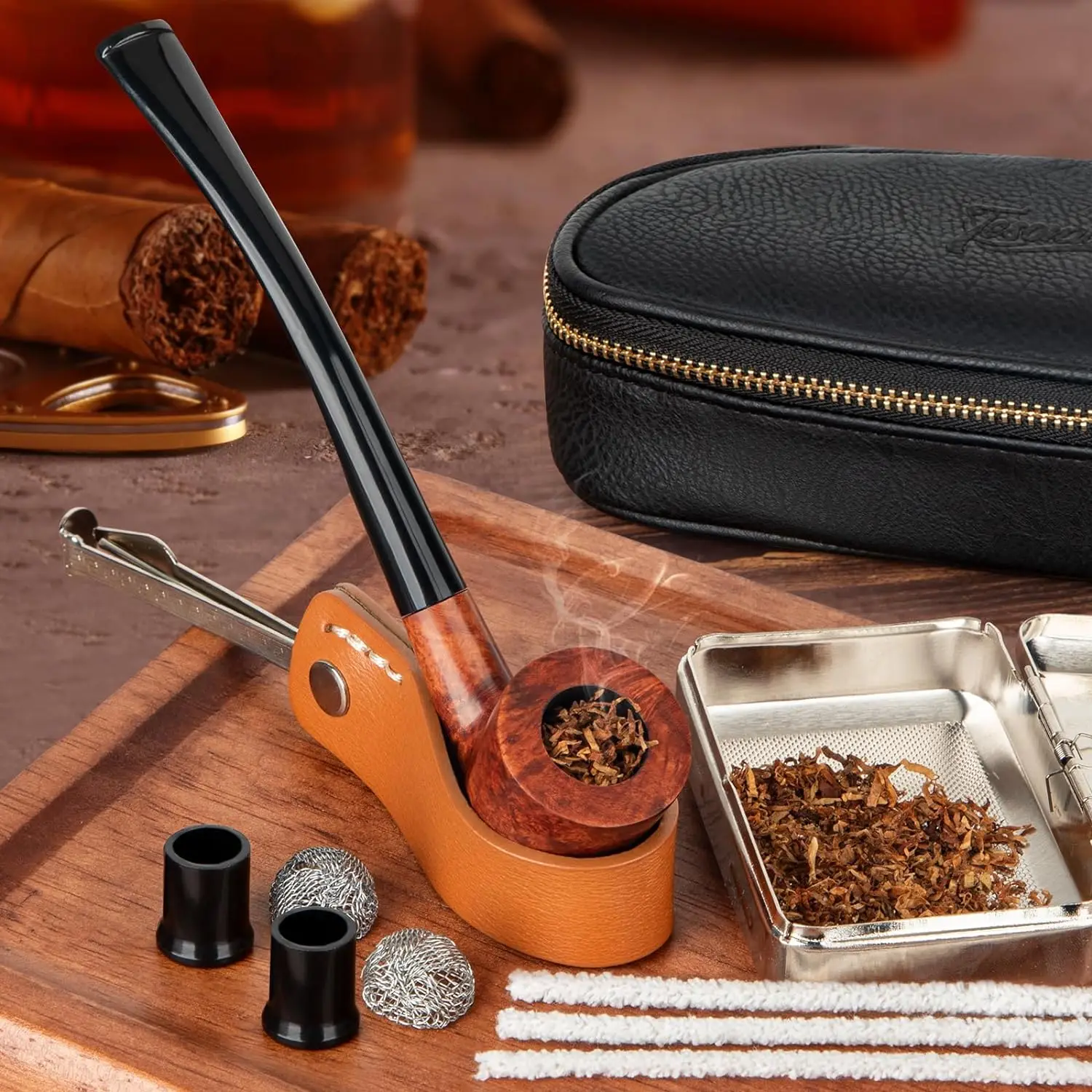 PU Leather Smoking Pipe Set, 4 in 1 Pipe Stand, Screens,Pipe Cleaners,Pipe Bit and Small Box,Wood Pipe Accessories