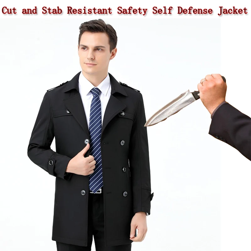 Autumn Men Suit Collar Jacket Anti Stab Mid-Length Coat Business Trench Loose Flexible Light Weight Safety Protective Clothing