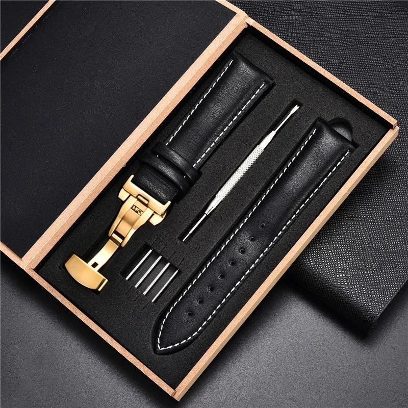 Echtes Lederarmband 18 mm 20 22 24 mm Uhrenarmband Automatische Schmetterlingsschnalle Herren- und Damen-Business-Armbanduhr mit Box-Handgelenkgürtel