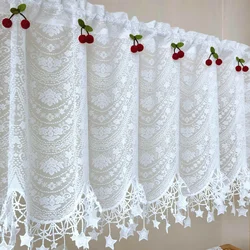 White Lace Embroidery Tulle Kitchen Curtain Cherry Pentagram Wavy Short Curtain Cute Coffee Half Window Curtain