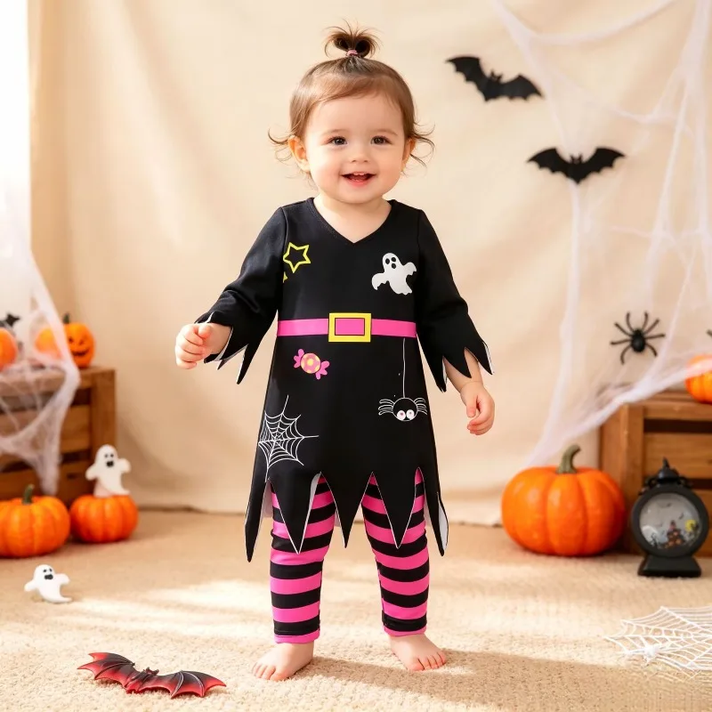 Newborn Infant Baby Girls Witch Halloween Outfit Black Long Sleeve Top with Pink Striped Leggings Set Costume 0 24M