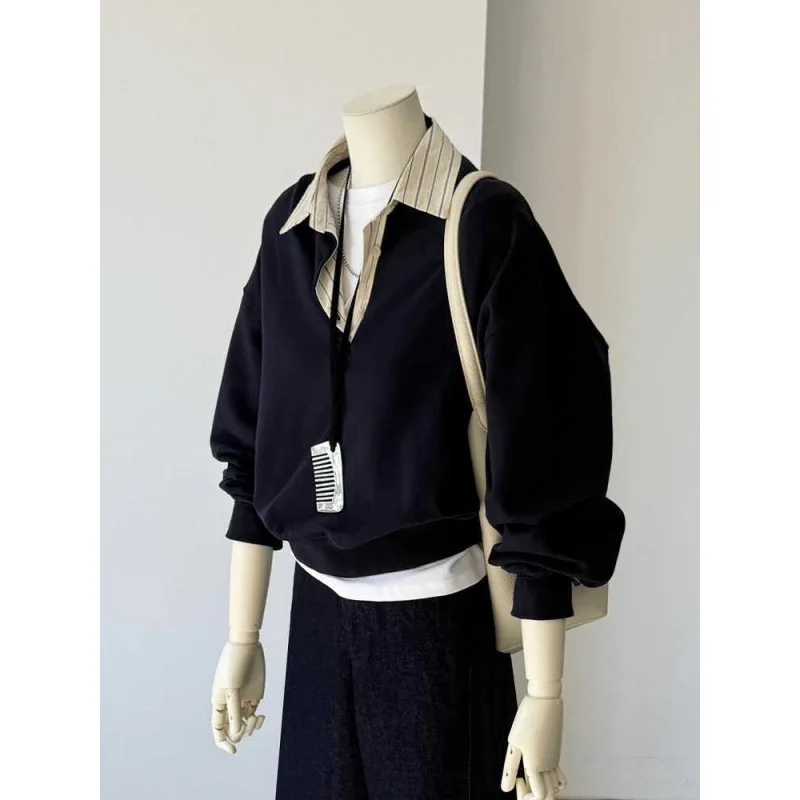 Women's Polo Collar Hoodies, Fake Two Pieces Tops, Casual Style, 2025 Long Sleeve