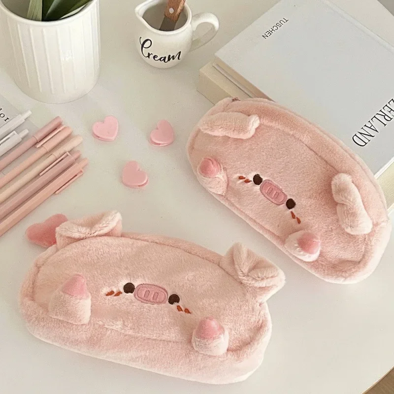 1 Pc Sweet Furry Cartoon Piggy Pencil Case for Student Cute Pink Color Plush Pencil Pouch Large Capacity Stationery Holder Bag