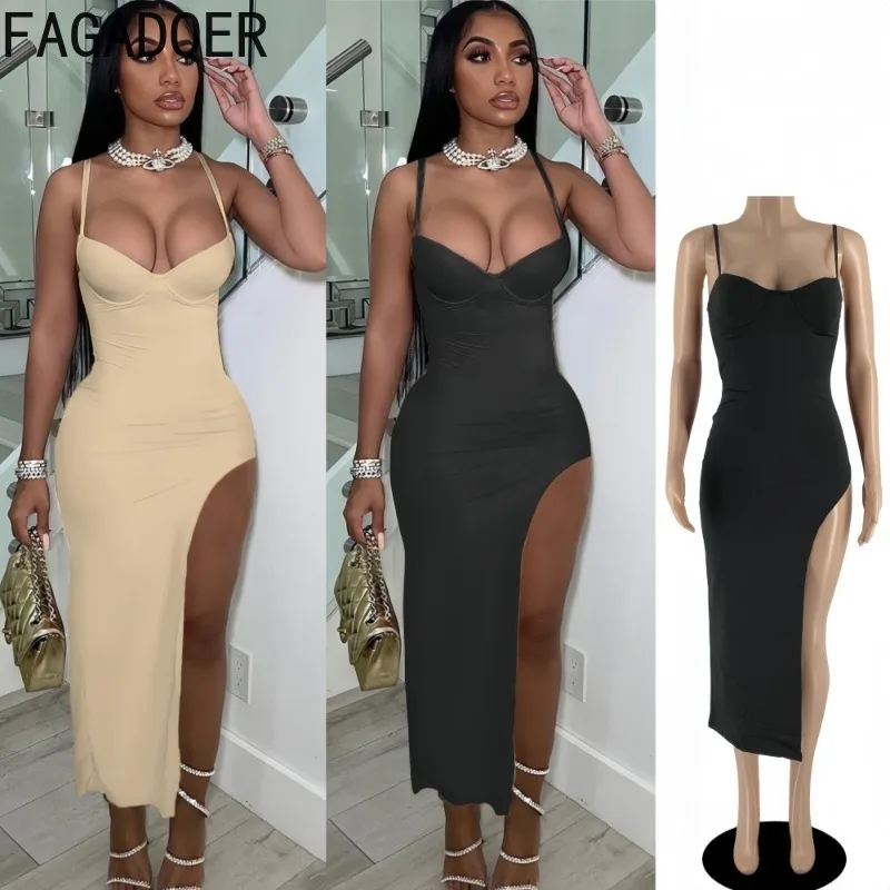 

FAGADOER Sexy High Slit Bodycon Long Dress Women Solid Color Spaghetti Strap Backless Dresses Female Streetwear Vestidos 2025