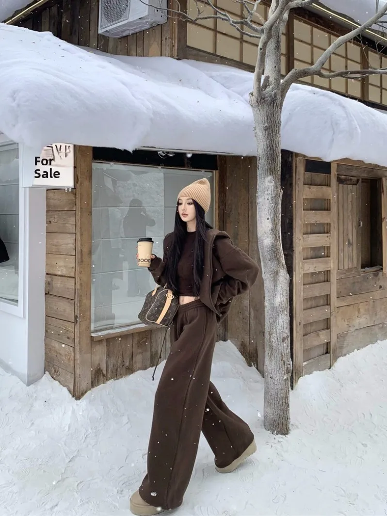 

Retro Coffee T-Shirt Women's Hoodie Sweatshirt Thickened Fleece Casual Long Pants Three-Piece Set Spring Season
