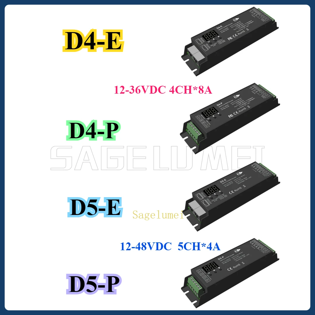 D4-E/P 4 Channel PWM DMX Decoder D5-E/P 5CH DMX512 Controller Digital Display XLR3 RJ45 For RGB RGB +CCT TapeDC12-36V/48V