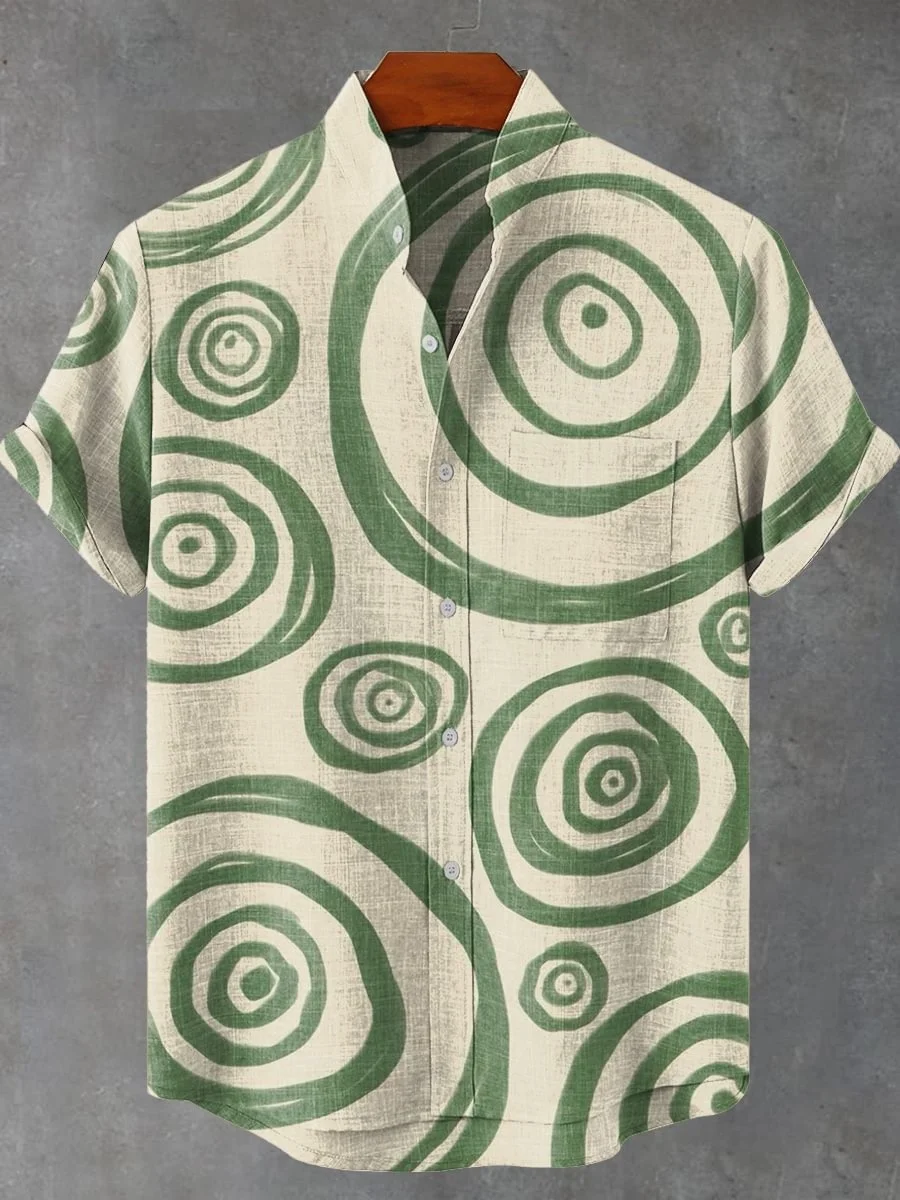 

New men's irregular-patterned linen short-sleeved shirt with refreshing and comfortable summer fabric. Fast shipping.