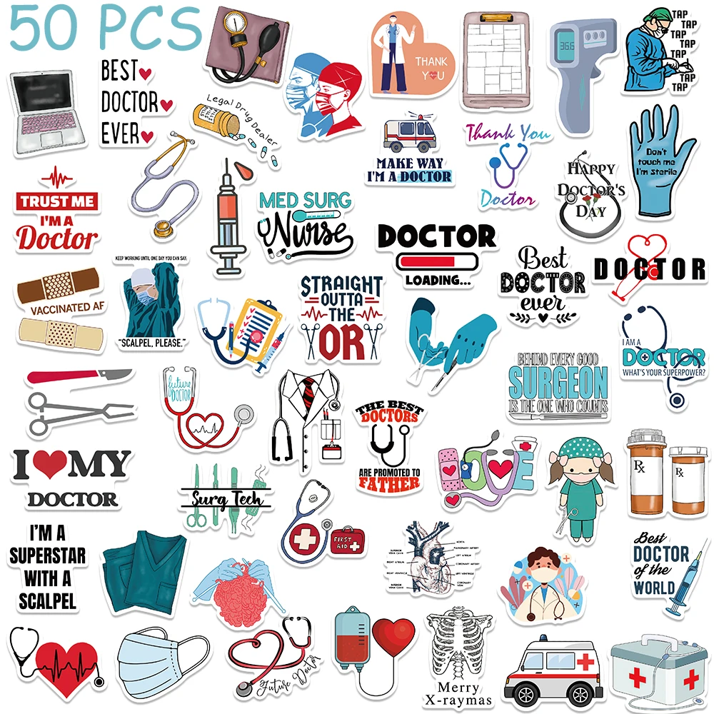 Médicos Estetoscópio Adesivos para Crianças, Decalques para Telefone, Laptop, Mala, Scrapbook, Guitarra, Desenhos Animados Graffiti Adesivos, Presentes de Brinquedo, 50PCs