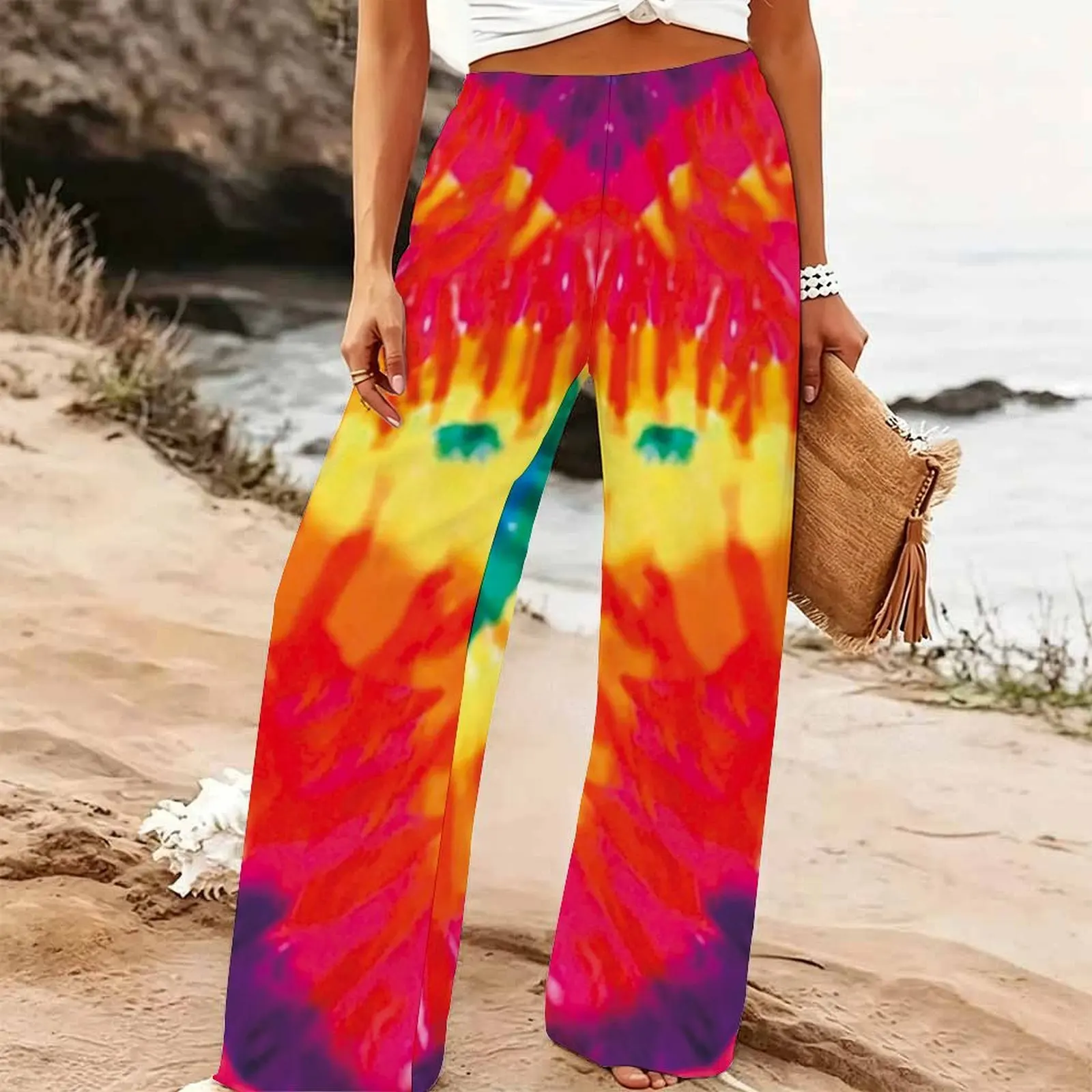 Women's Summer Beach Wide Leg Trousers Floral Print Elastic High Waist Loose Fit Casual Vacation Palazzo Pants