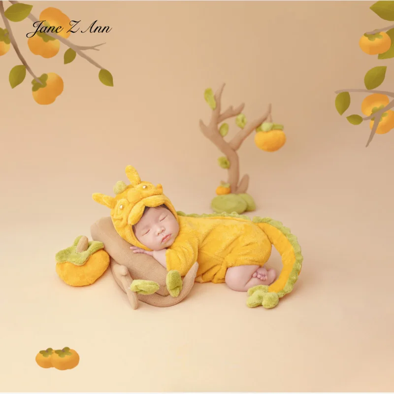 Baby Loong year costume yellow hat and jumpsuit creative studio shooting newborn baby photo props yellow green color