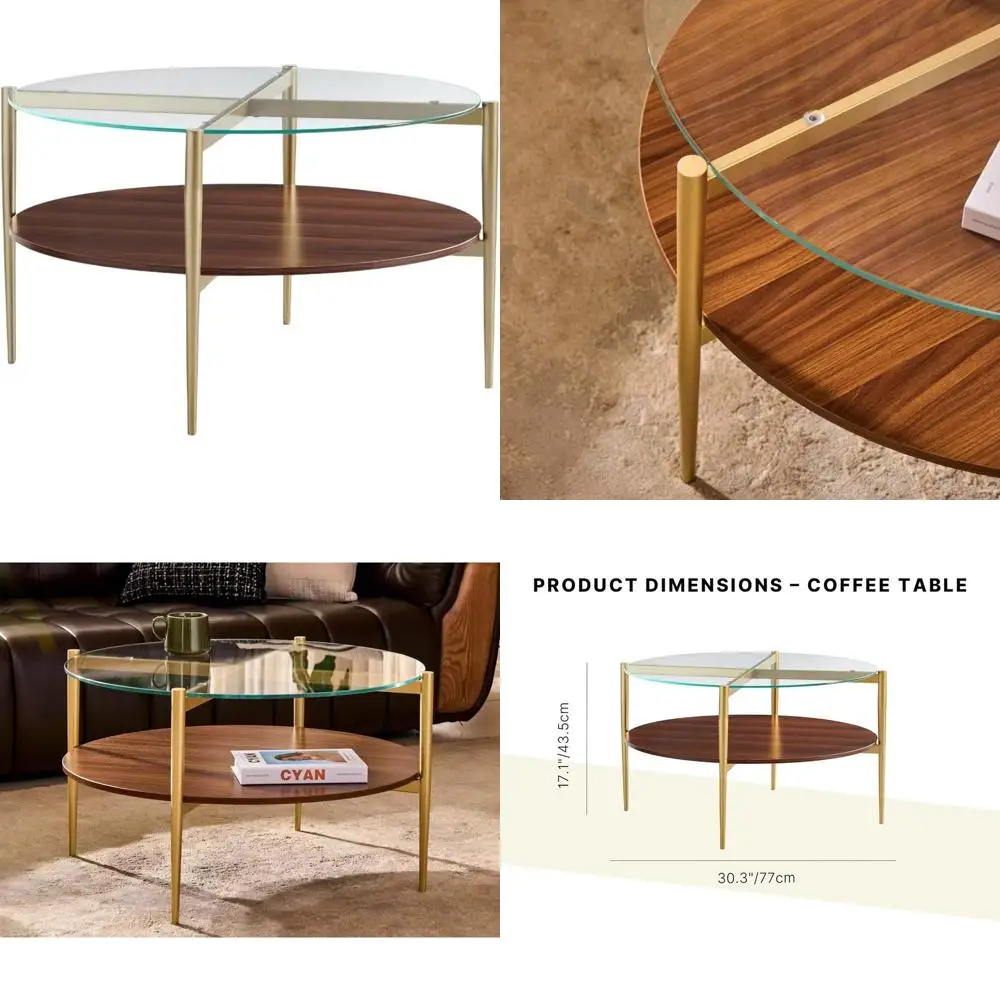 

Двухуровневый стеклянный журнальный столик в стиле Mid-Century Modern с полкой из орехового дерева и золотыми ножками