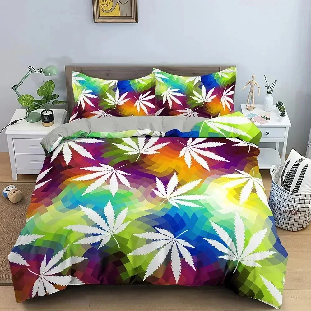 3D Print Marijuana Weed Leaf Duvet Cover Green Maple Leaves Bedding Set for Adults Palm Leaves Polyester Quilt Cover
