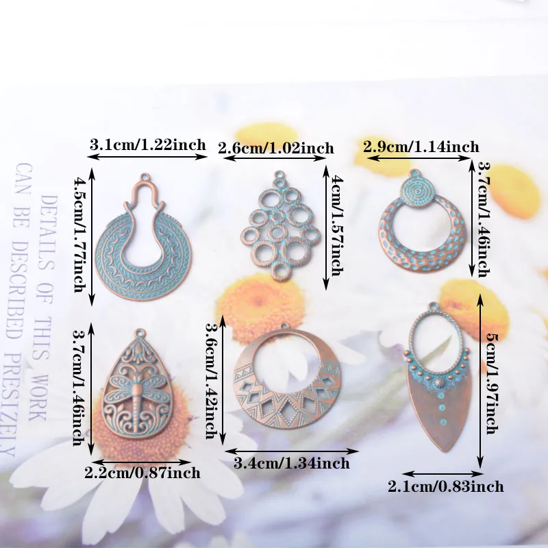 12 Stück/Set Ethnische Antik-Bronze-Anhänger für Schmuckherstellung, Vintage Runde Muschel Quadratische Boho-Anhänger DIY Damen-Ohrringe – Detail 4