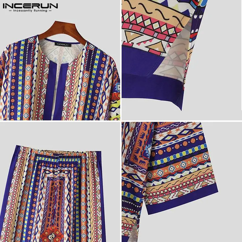 INCERUN Men Sets Ethnic Style Printing 3/4 Sleeve Cardigan Shirt & Pants 2PCS 2024 Steetwear Loose Vacation Men\'s Casual Suits