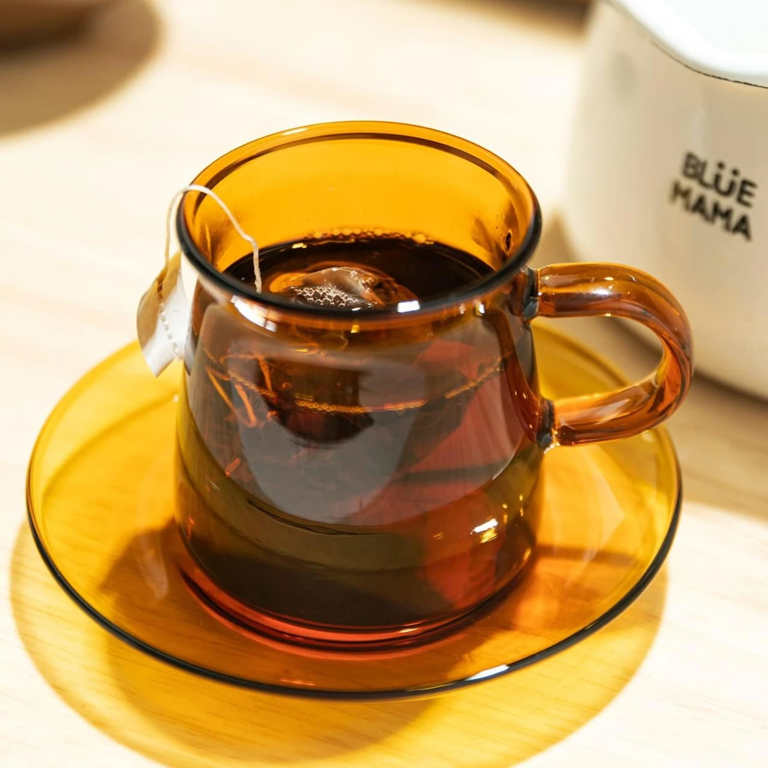 

European Style Blue Coffee Mug Set with Saucer, 220ml Capacity, Microwave Safe Glass Tea Milk Cup for Restaurant Use, Amber Colo