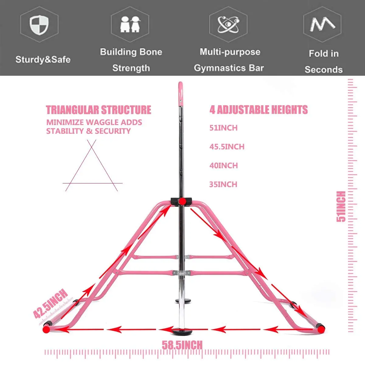 Gymnastics Bar Kids Expandable Equipment for Home Adjustable Height Folding Junior Training Bar 3-7 Years Old