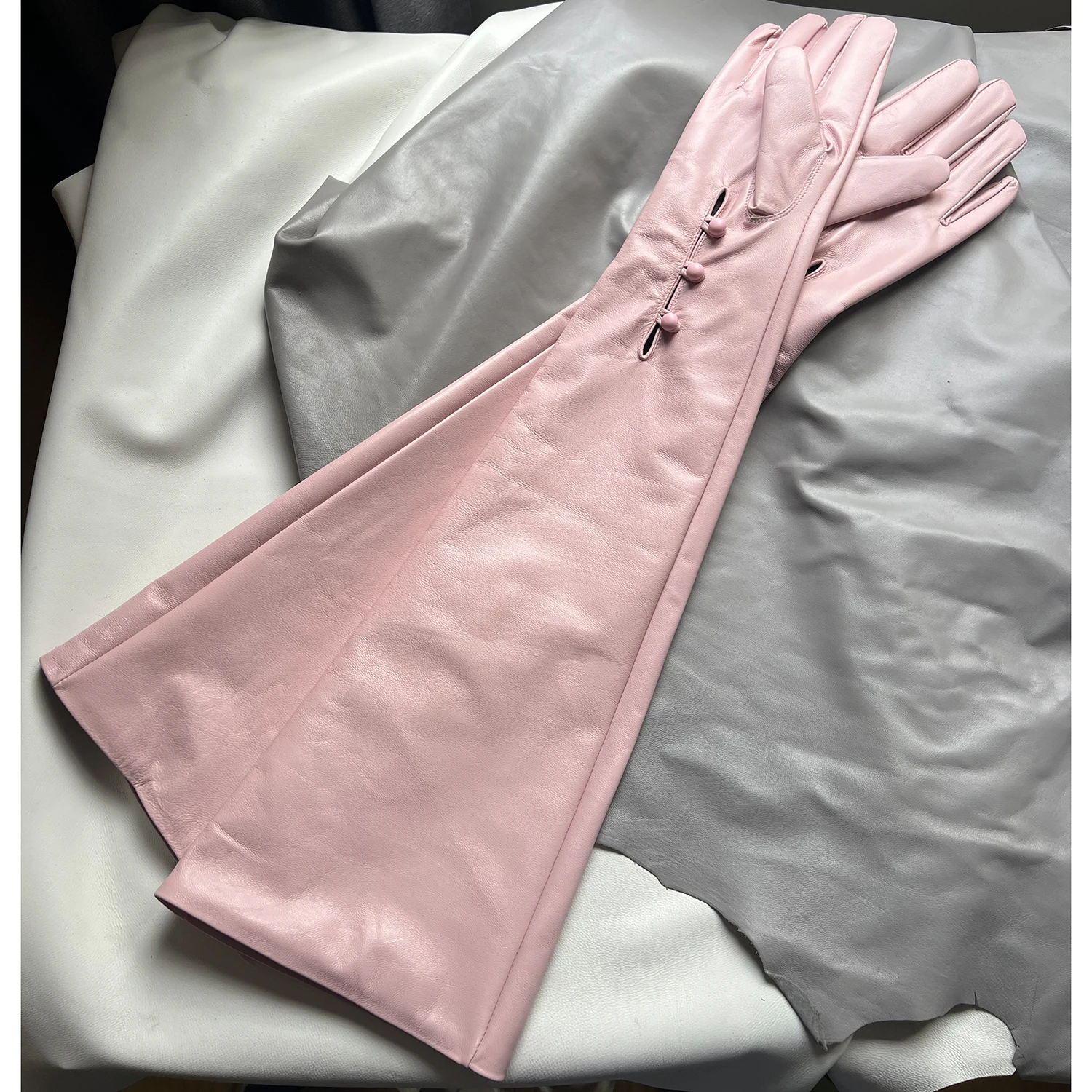 

Женские розовые перчатки из овчины, длинные оперные ремонтные пуговицы на запястье, 40-70 см, женские кожаные перчатки, индивидуальный размер