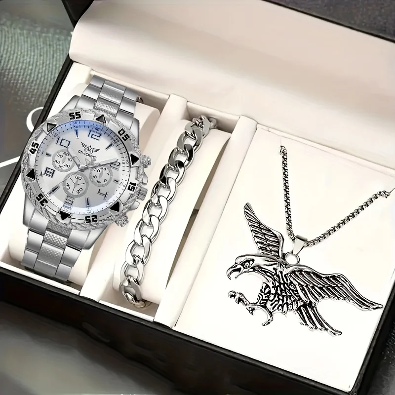 Trendy Business Large Dial Steel Band Quartz Watch & Bracelet Necklace Set