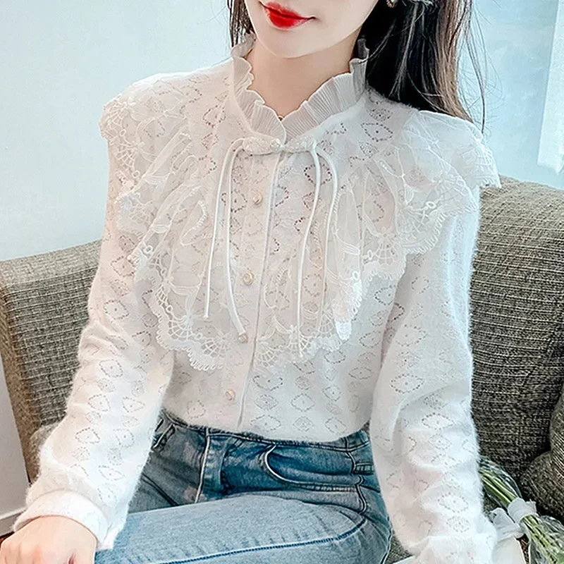 

2022 Autumn/Winter New Foreign Ruffled Bubble Sleeve Lace Collar Shirt Women Clothing OL Blusas Femme