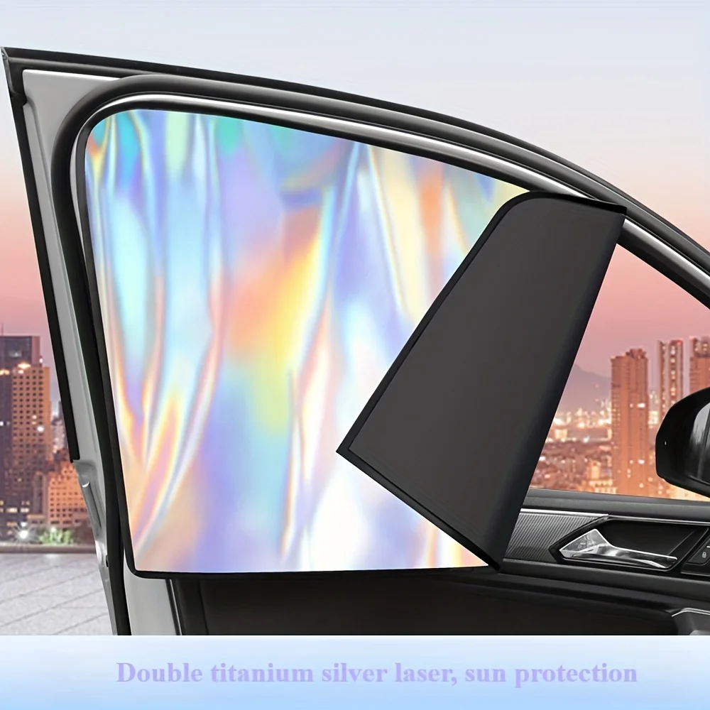 2pcs New Laser Colorful Car Sunshade, Light-Blocking Titanium Silvery Reflective Sunshade, Blackout Side Curtains for Vehicles