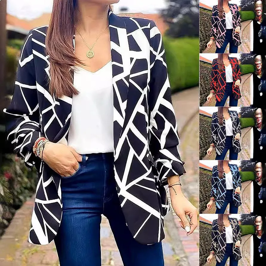 Blazer Printed Lapel Collar Buttonless Spring Summer Versatile Blazers Jacket