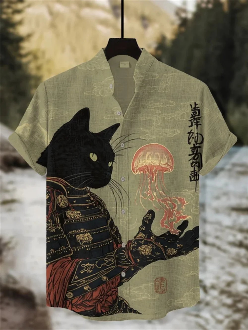 

Men's Japanese Retro Art Samurai Cat Printed Linen Shirt Short Sleeve Hawaiian Style Daily Clothing for Summer 2025