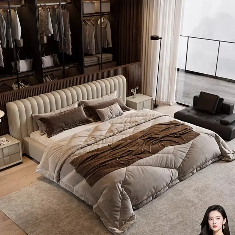 

Cream Style Organizer Bed Frame Wooden Leather Storage Adjustable Luxury Dimmable Frame Bed Twin Soft Narrow Bedroom Furnitures