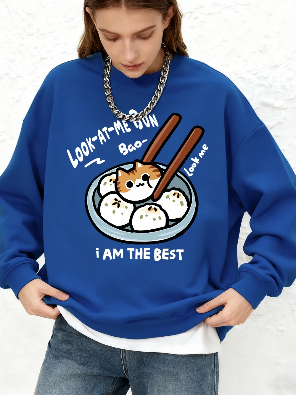 Look-at-me bun gato impresso sweatshirts das mulheres outono oversize jogger hoodies básico mangas compridas quentes topos crewneck roupas femininas